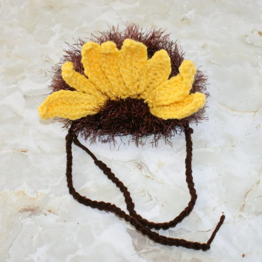 HAND CRAFTED Floral Sunflower Cat Hat Crochet Hairy Wig Costume Photo Prop - Picture 7 of 12